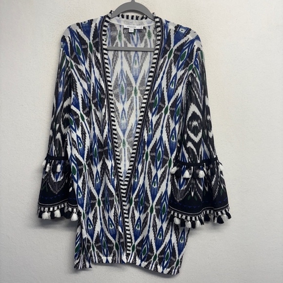 Chico's Ikat Tassel Bell Sleeve Open Cardigan 4 / XXL Black Navy Fringe Tunic - Picture 1 of 7